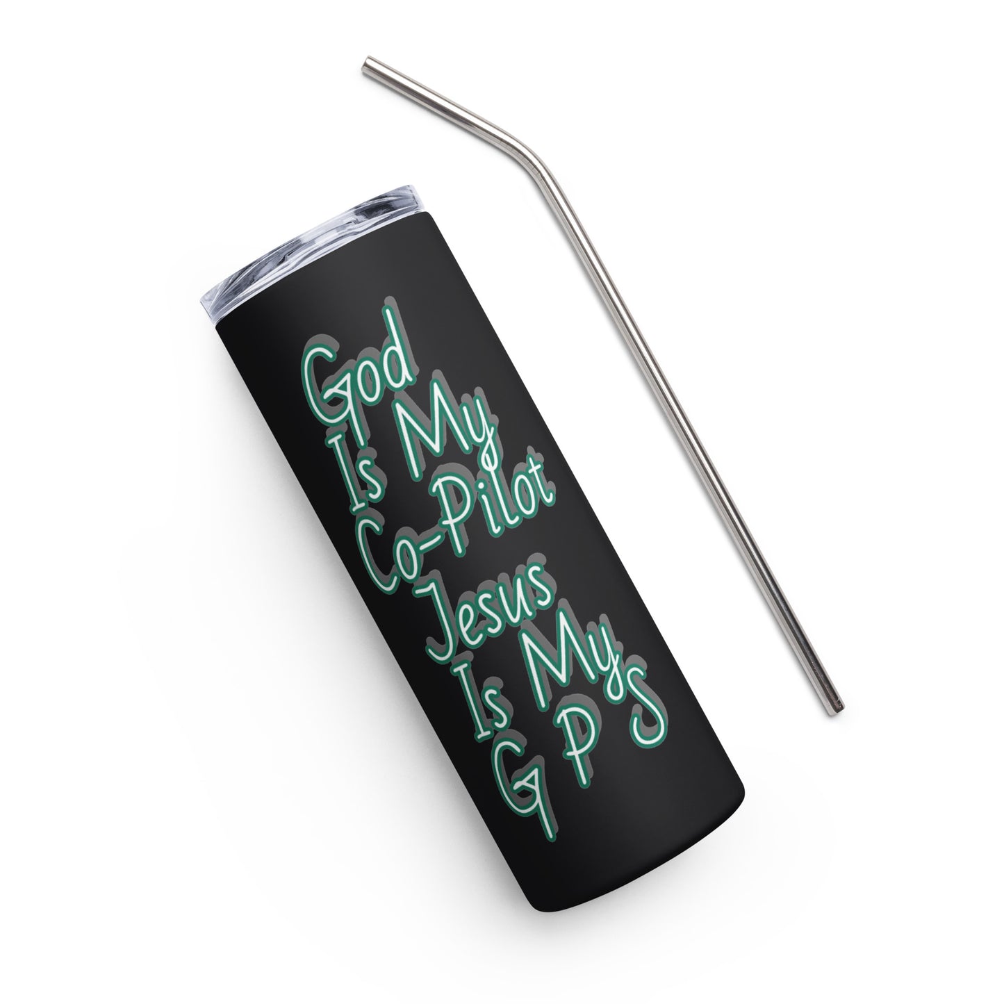 GG - Bottle, Stainless steel tumbler - Black/White - God Is My Co-Pilot/Jesus IS My G P S